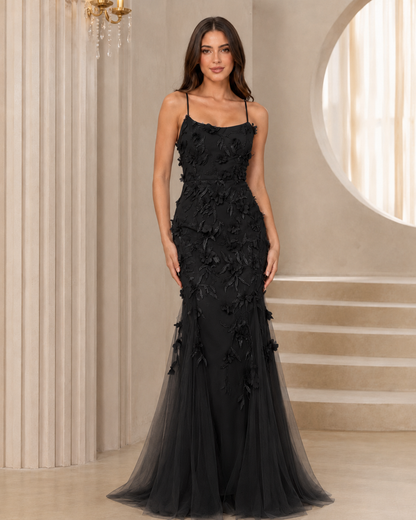 Front view of black 3D floral appliqué slim-fit formal maxi dress
