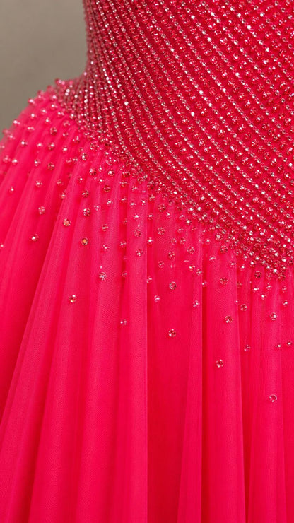 Close-up detail of beaded bodice and tulle texture