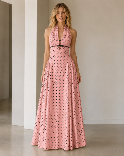 Front view of blush pink polka dot halter maxi dress