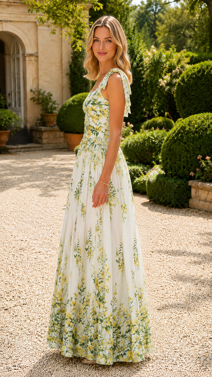Side view of an ivory floral flowing maxi dress with tie shoulders