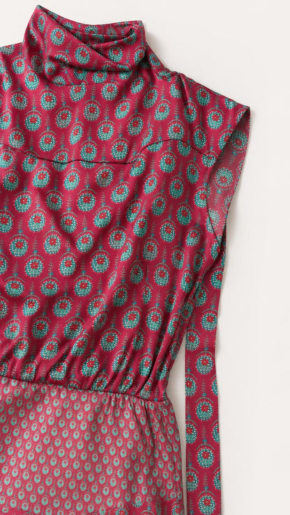 Close-up of pink dress fabric, high neckline, and smocked waist