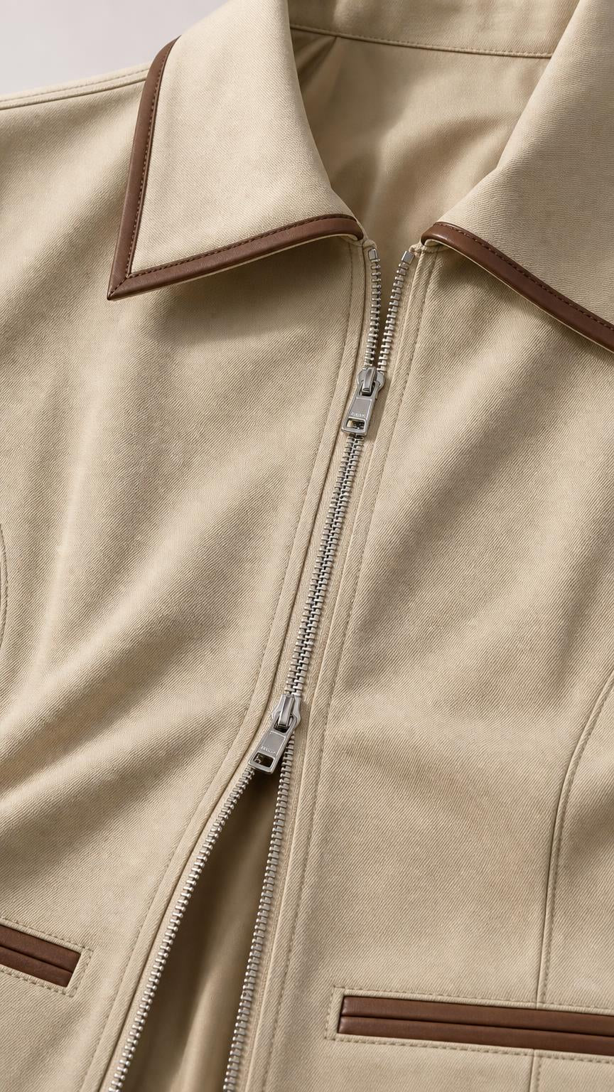 Close-up detail of zipper, collar, and contrast piping on khaki jacket