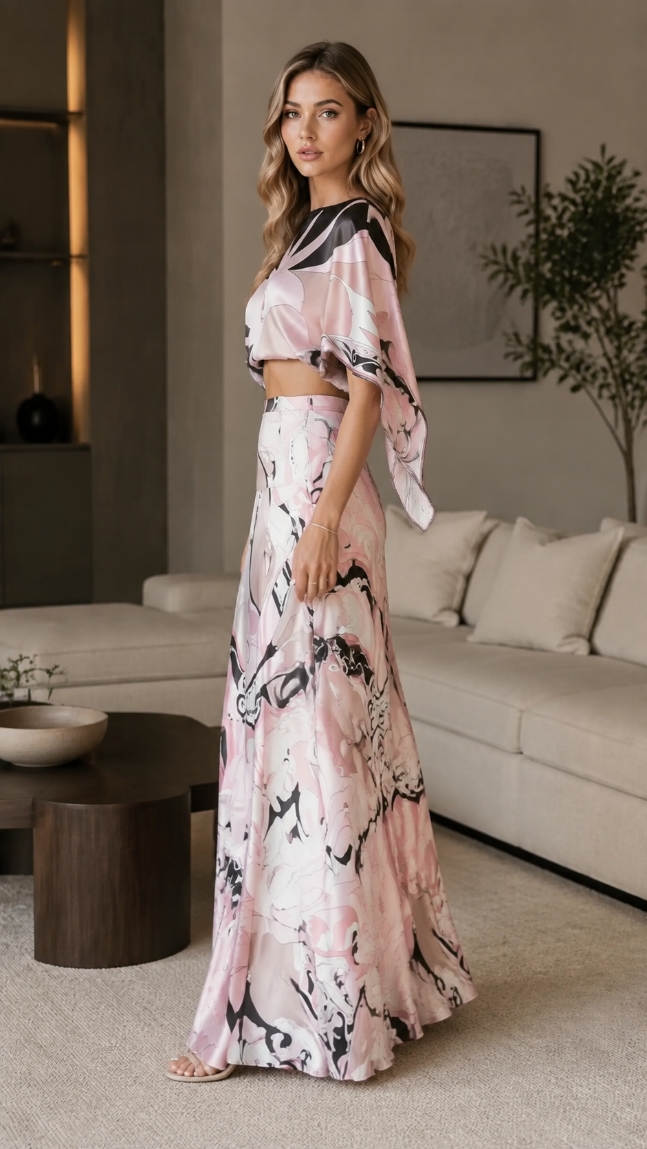 Side view of blush pink abstract print two-piece maxi skirt set
