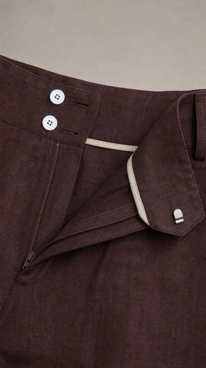 Close-up detail of the trouser waistband and button closure