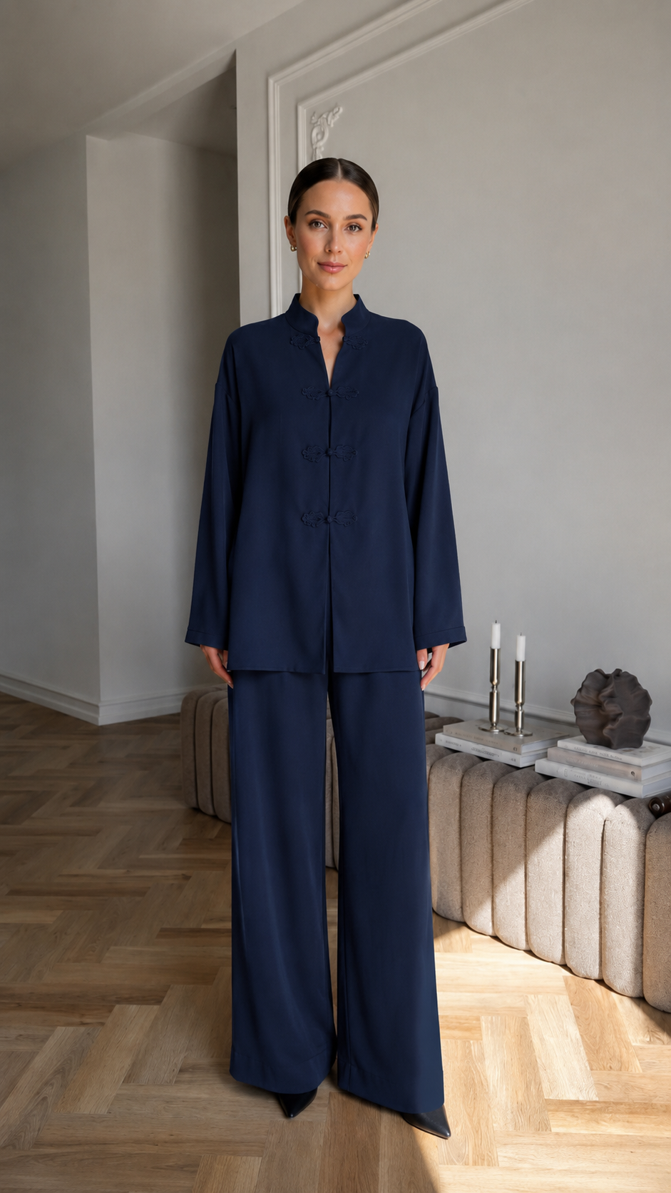 Women's navy mandarin collar two-piece lounge set with relaxed top and wide leg pants