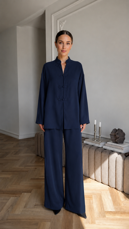 Women's navy mandarin collar two-piece lounge set with relaxed top and wide leg pants