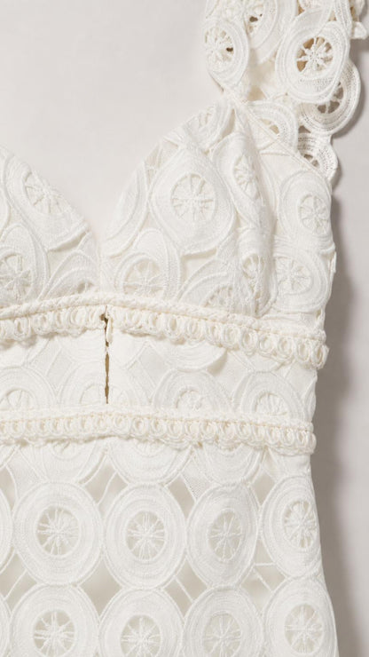 Close-up detail of white lace bodice and cutout pattern