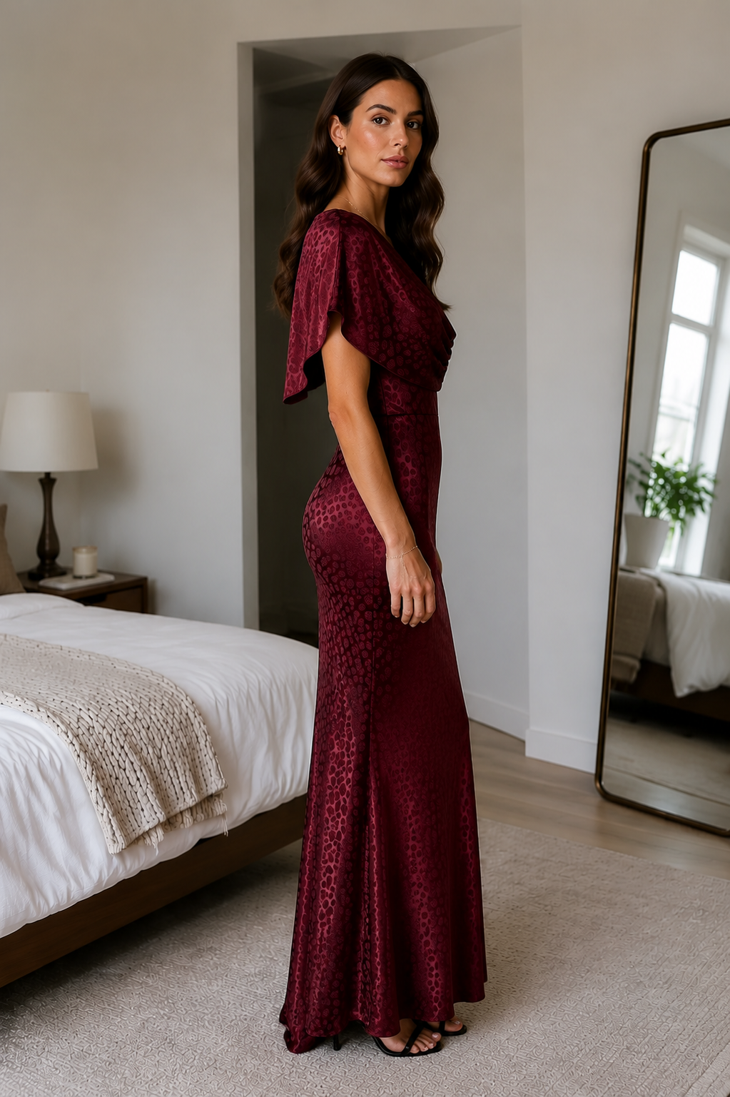 Side view of burgundy body-skimming jacquard maxi gown