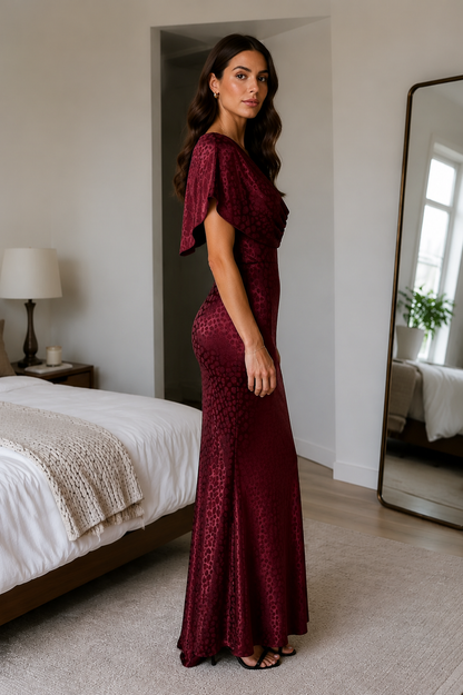Side view of burgundy body-skimming jacquard maxi gown