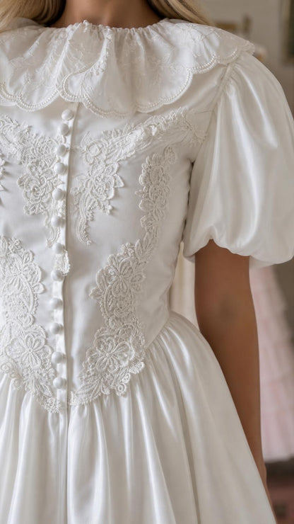 Close up of lace bodice and button details on white dress