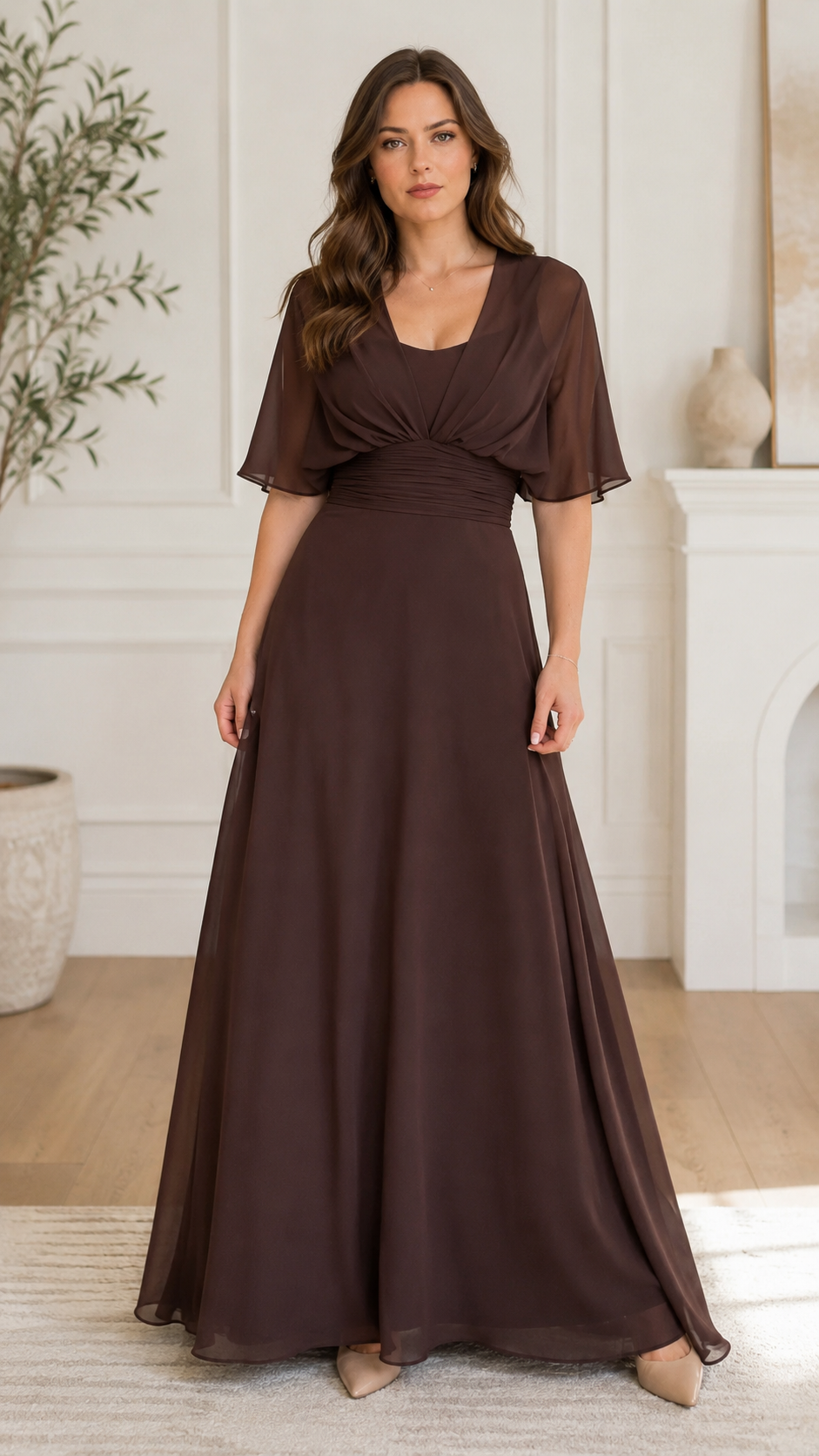 Front view of chocolate brown empire waist chiffon-look maxi dress