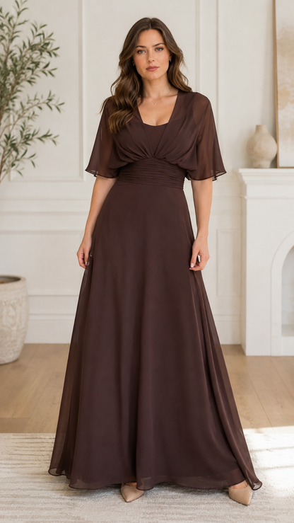 Front view of chocolate brown empire waist chiffon-look maxi dress