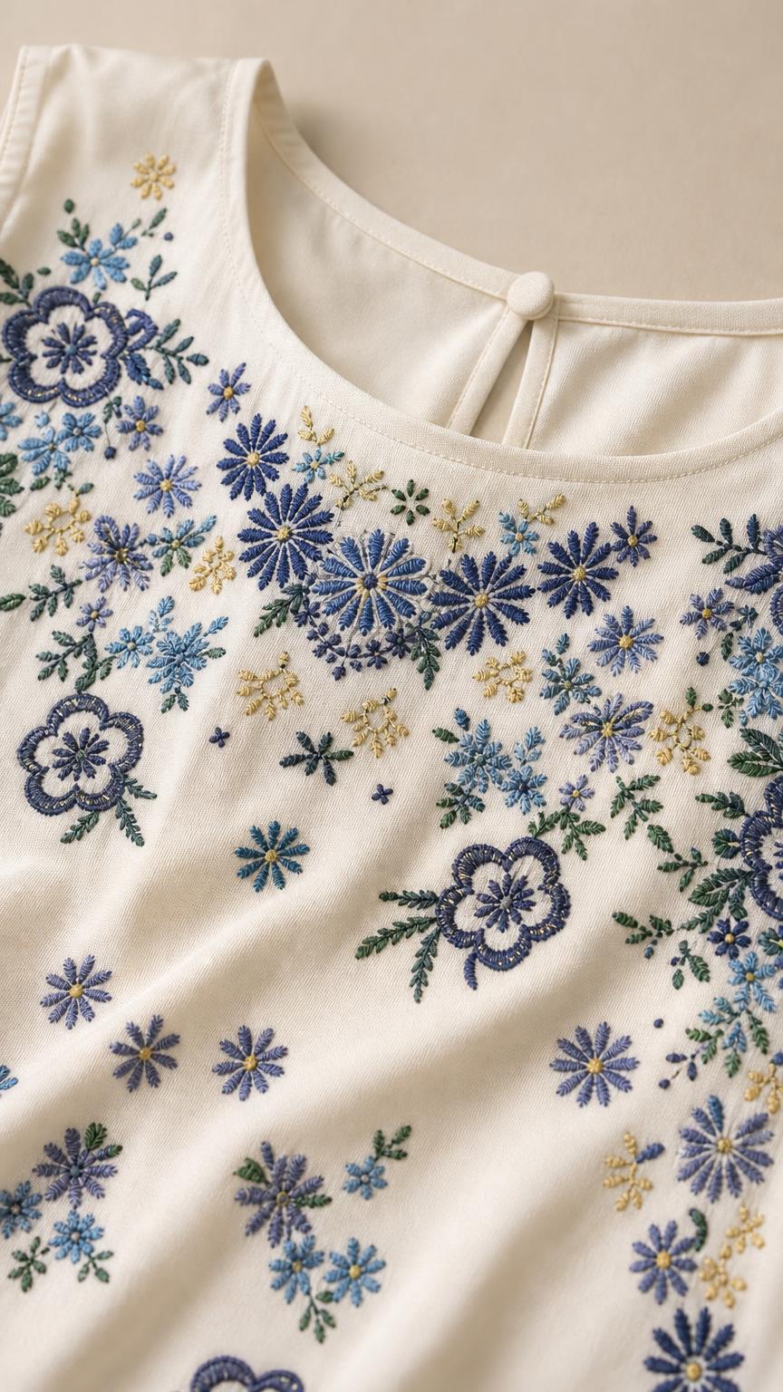 Close up of floral embroidery detail on neckline
