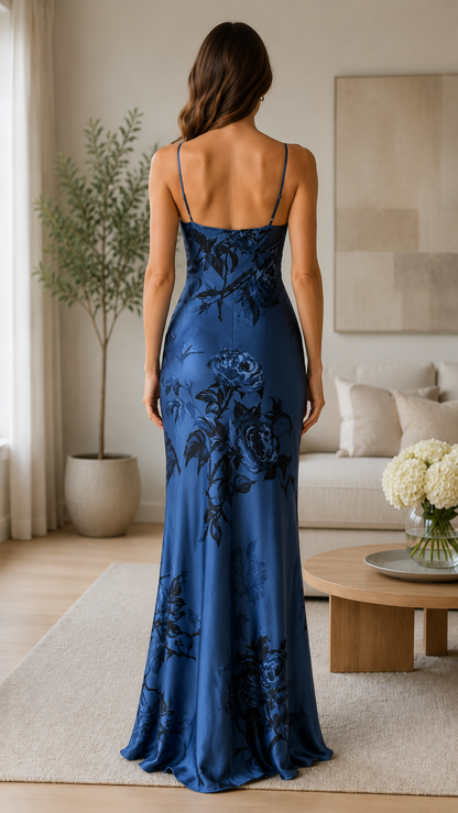 Slate blue floral halter maxi dress back view with slim straps