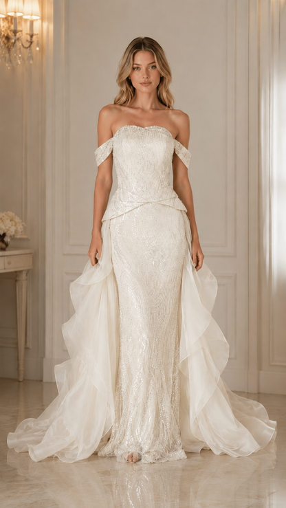 Front view of ivory off shoulder sequin mermaid gown with layered sheer side drapes