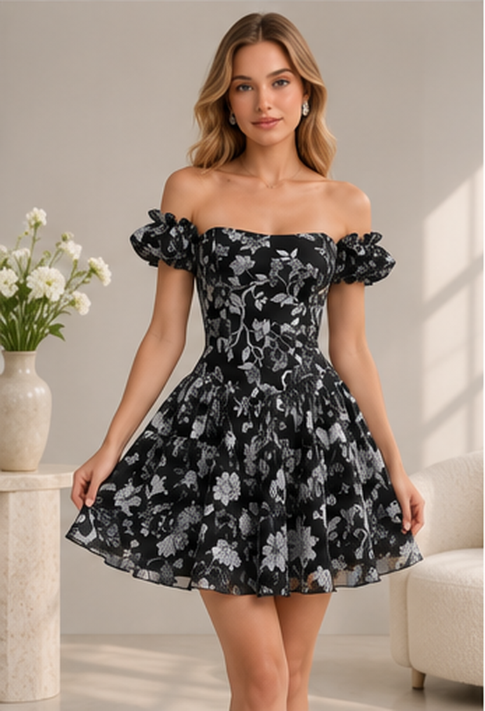 Front view of black floral off shoulder mini dress with puff sleeves