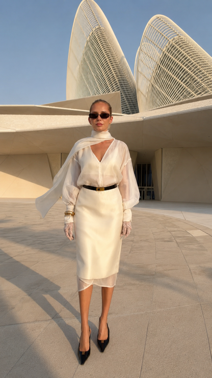 Model wearing cream sheer sleeve scarf neck belted midi dress