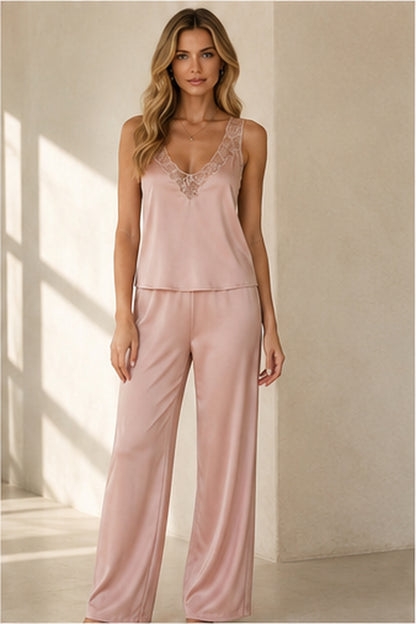 Dusty pink lace trim cami pajama set front view