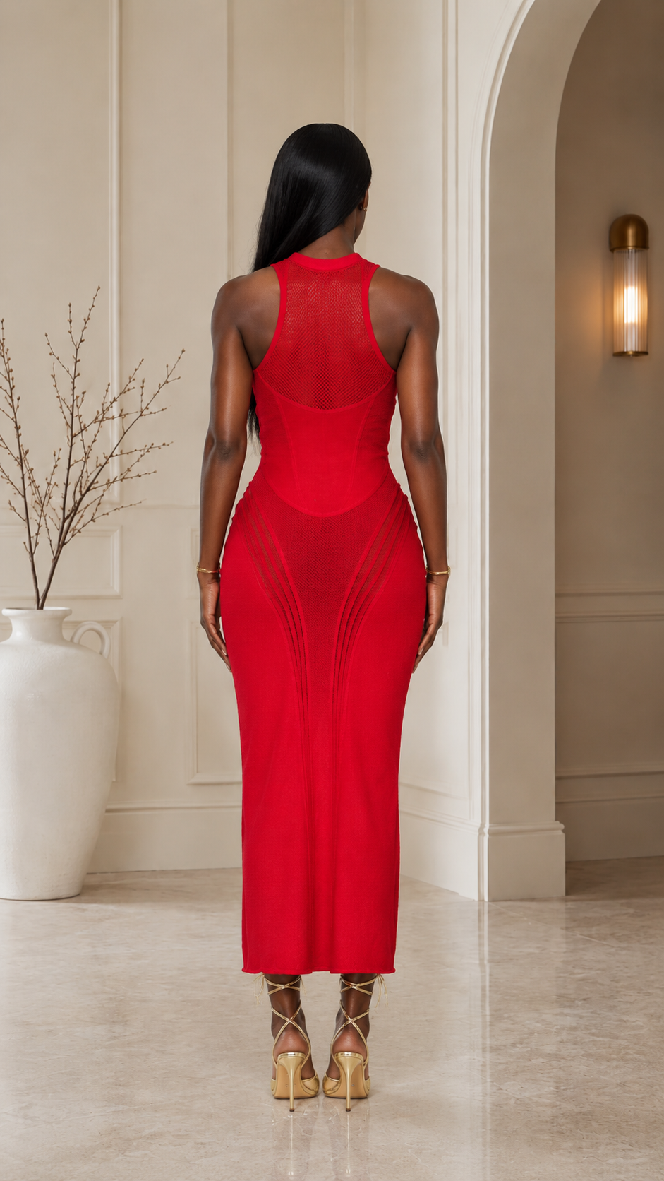 Red fitted midi dress with mesh back panel back view