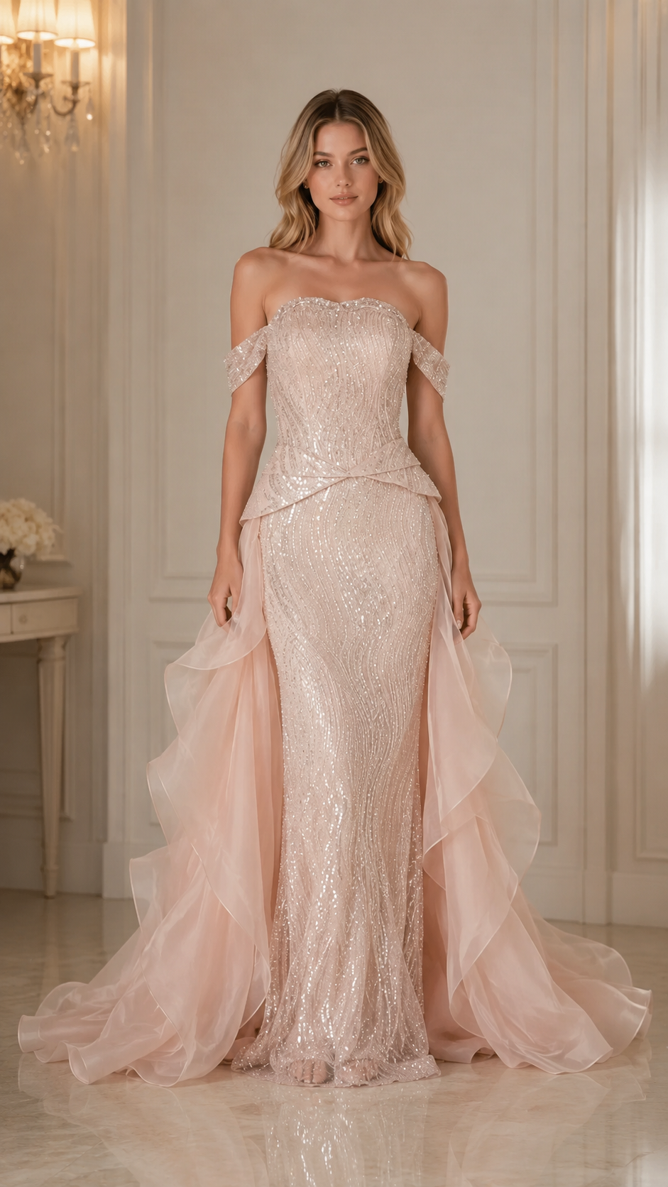 Front view of blush pink off shoulder fitted formal gown with shimmer finish