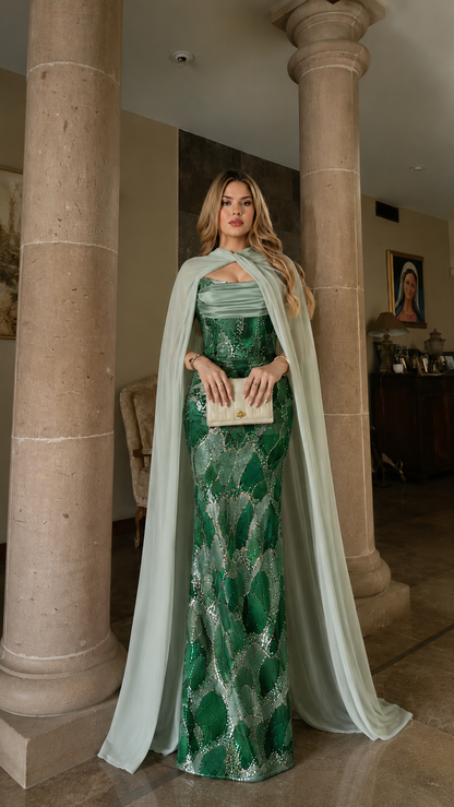 Emerald green sequined mermaid evening gown with sheer cape