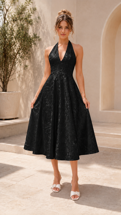Front view of black halter midi A-line dress with textured finish