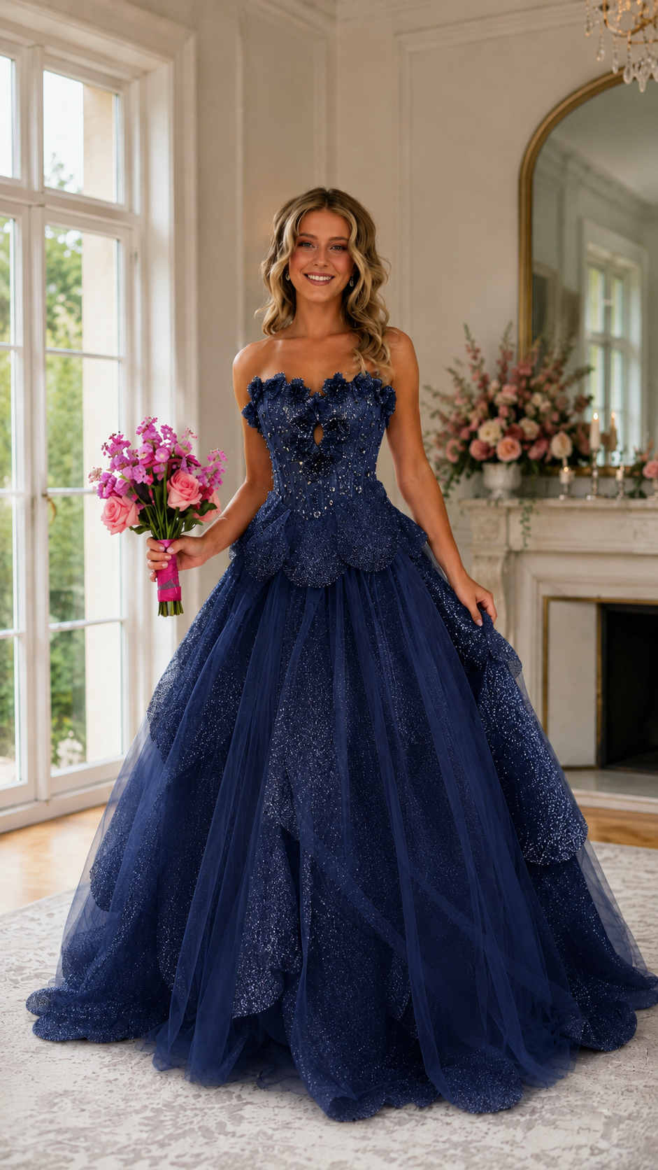 Front view of navy strapless embellished ball gown with floor-length full skirt