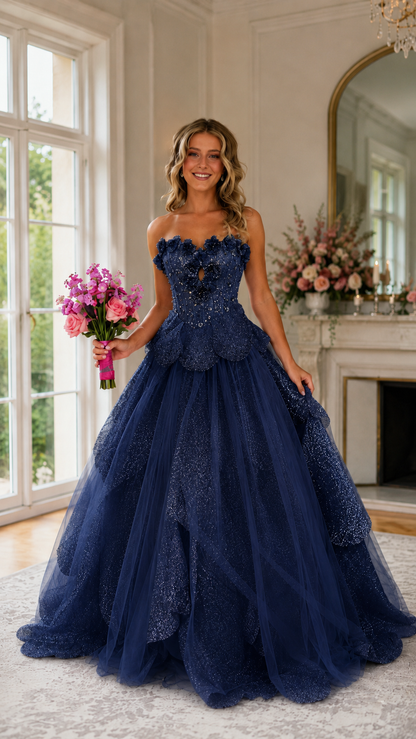 Front view of navy strapless embellished ball gown with floor-length full skirt