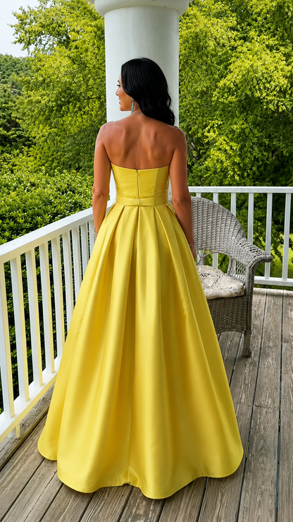 Back view of yellow strapless full skirt formal gown