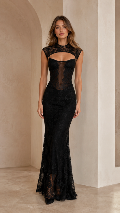 Front view of black lace mermaid evening dress with fitted silhouette