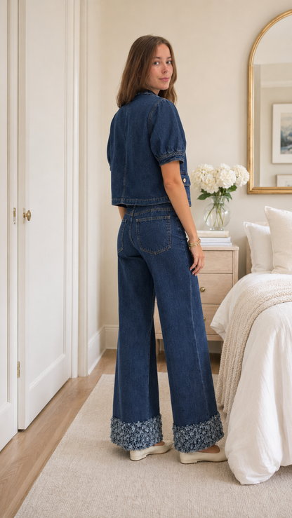 Back view of dark wash blue denim wide leg pants set with floral trim hems