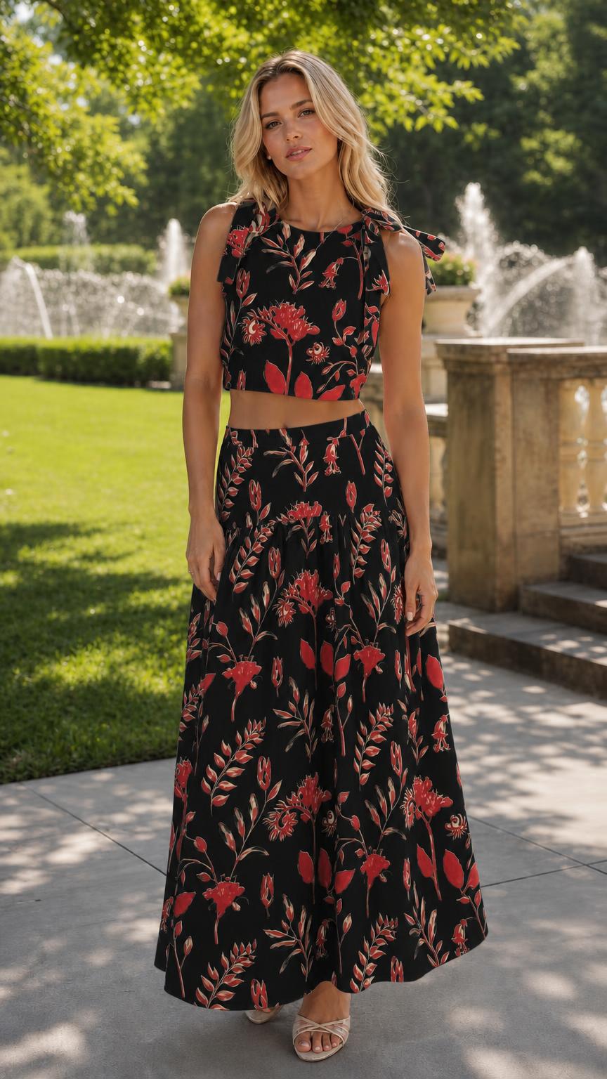 Woman wearing black floral two-piece set outdoors