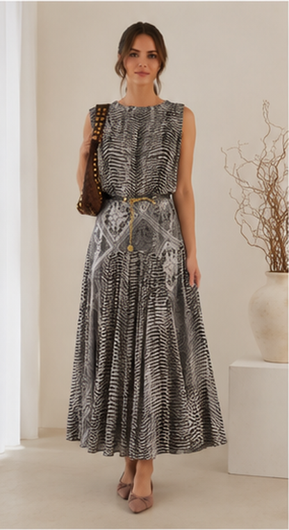 Women's printed sleeveless belted midi dress in Black