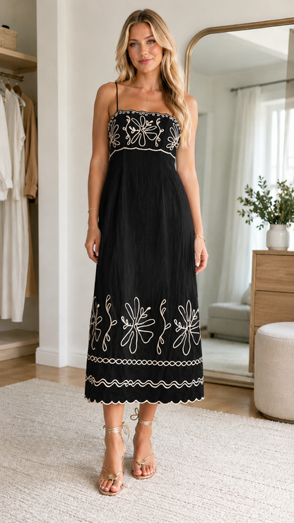 Black embroidered midi sundress with contrast floral border and spaghetti straps