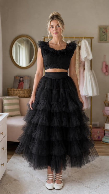 Front view of black ruffled tulle two-piece dress