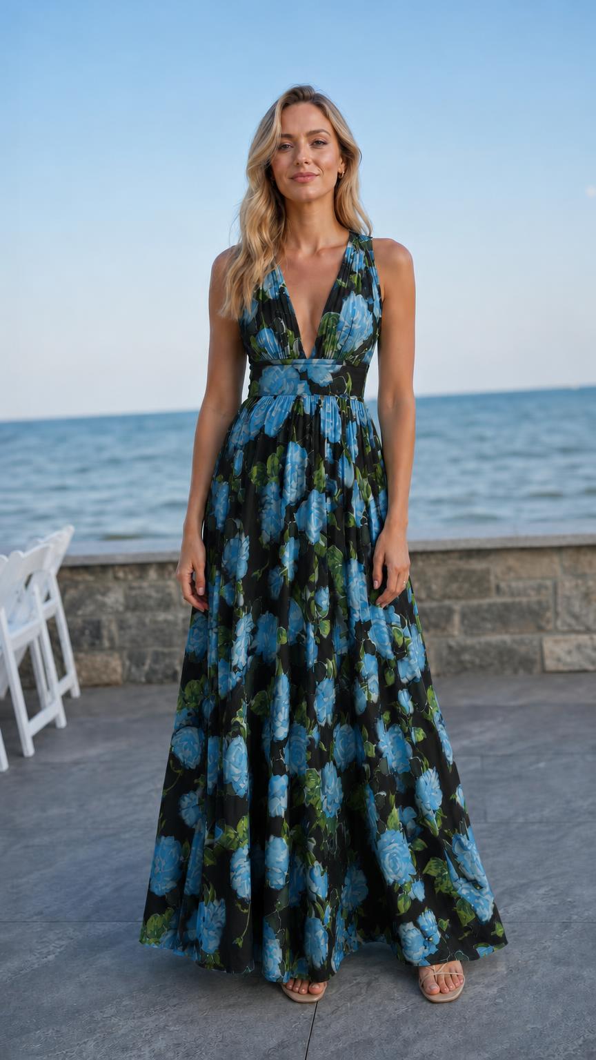 Woman wearing black floral maxi dress variant