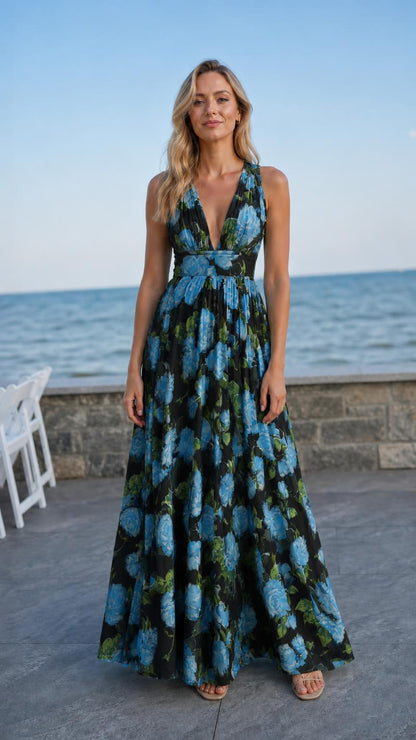 Woman wearing black floral maxi dress variant
