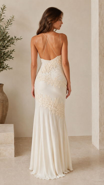 Back view of ivory maxi slip dress with open back and crisscross straps
