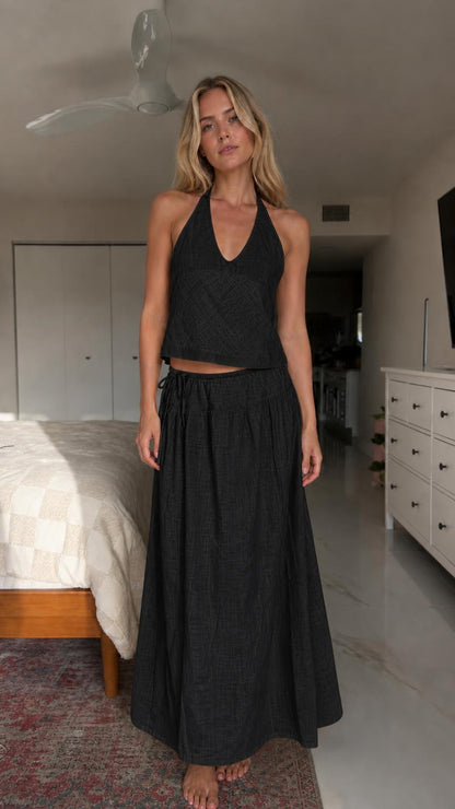 Front view of black two-piece set
