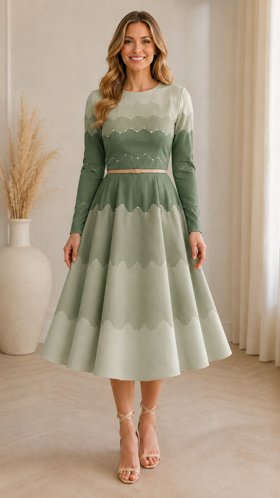 Front view of sage green scalloped colorblock long sleeve midi dress