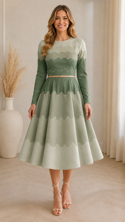 Front view of sage green scalloped colorblock long sleeve midi dress