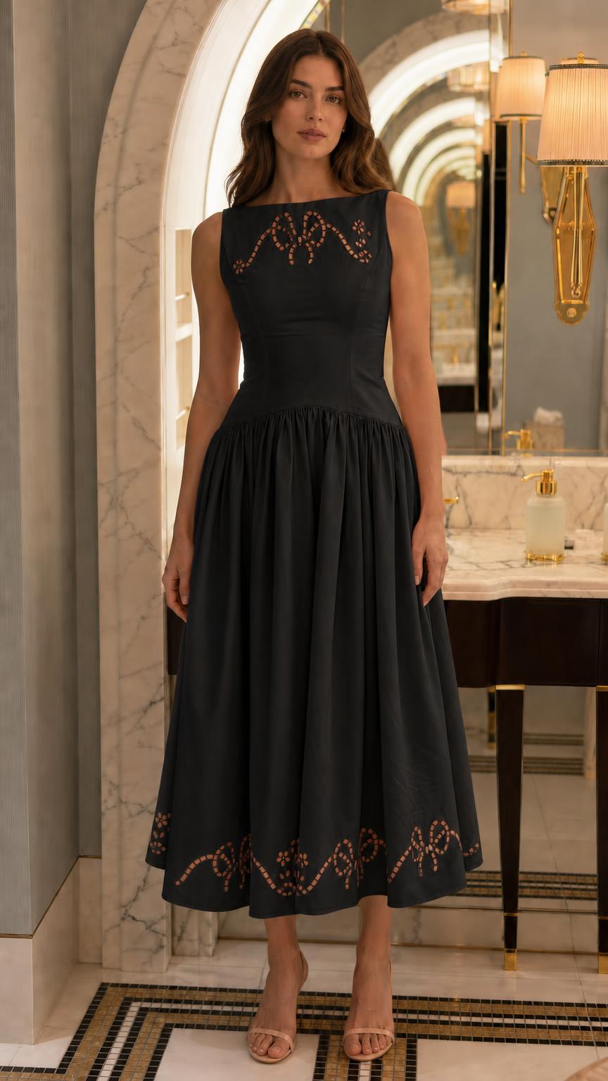 Front view of black embroidered midi dress