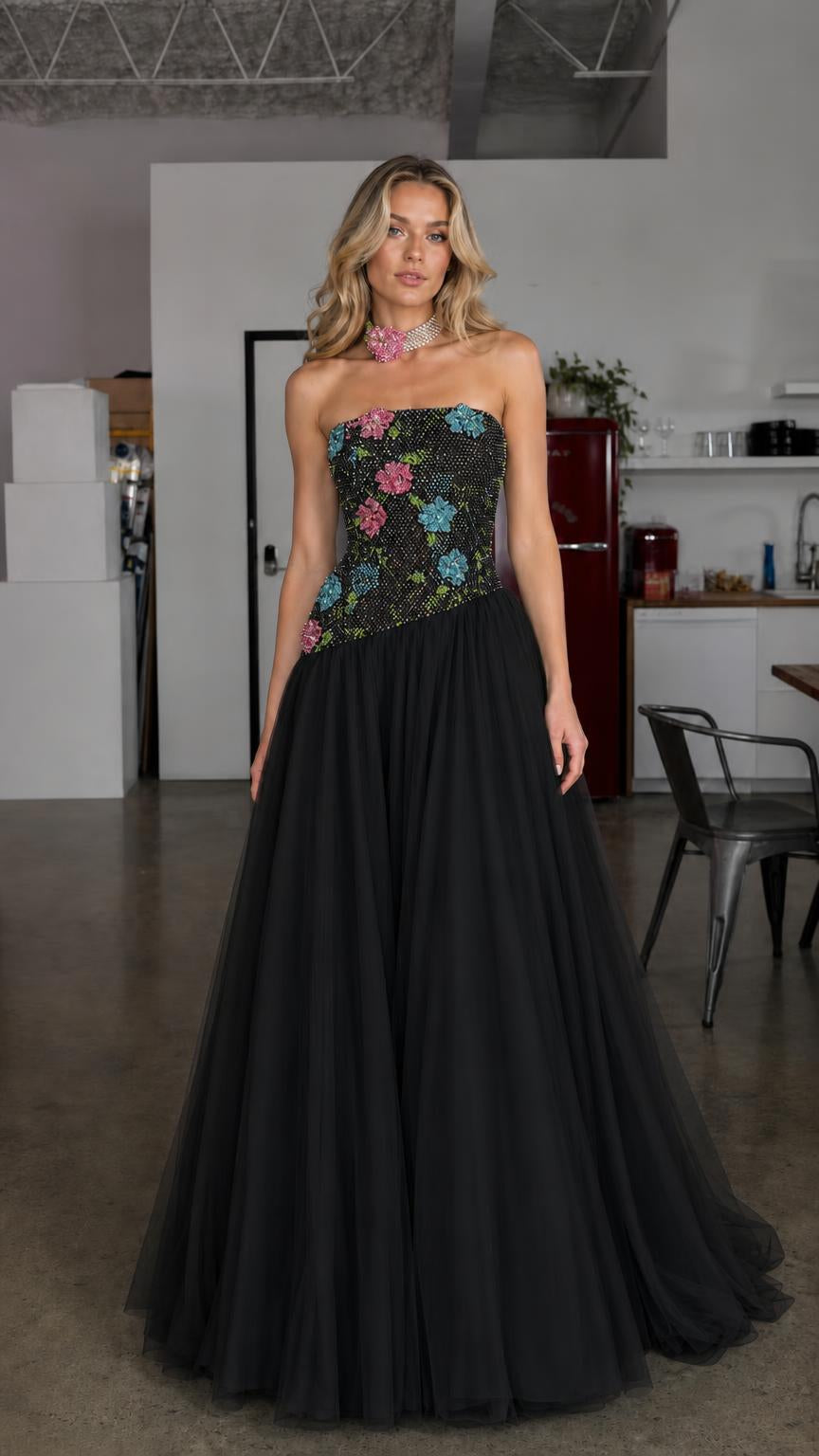 Black variant of the crystal embellished strapless tulle evening gown