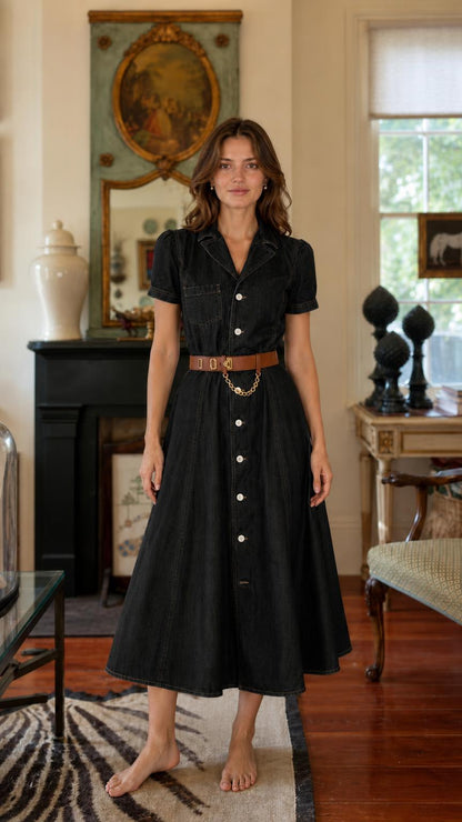 Woman wearing black denim midi shirt dress