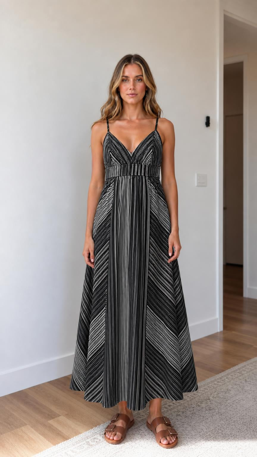 Front view of black striped maxi dress