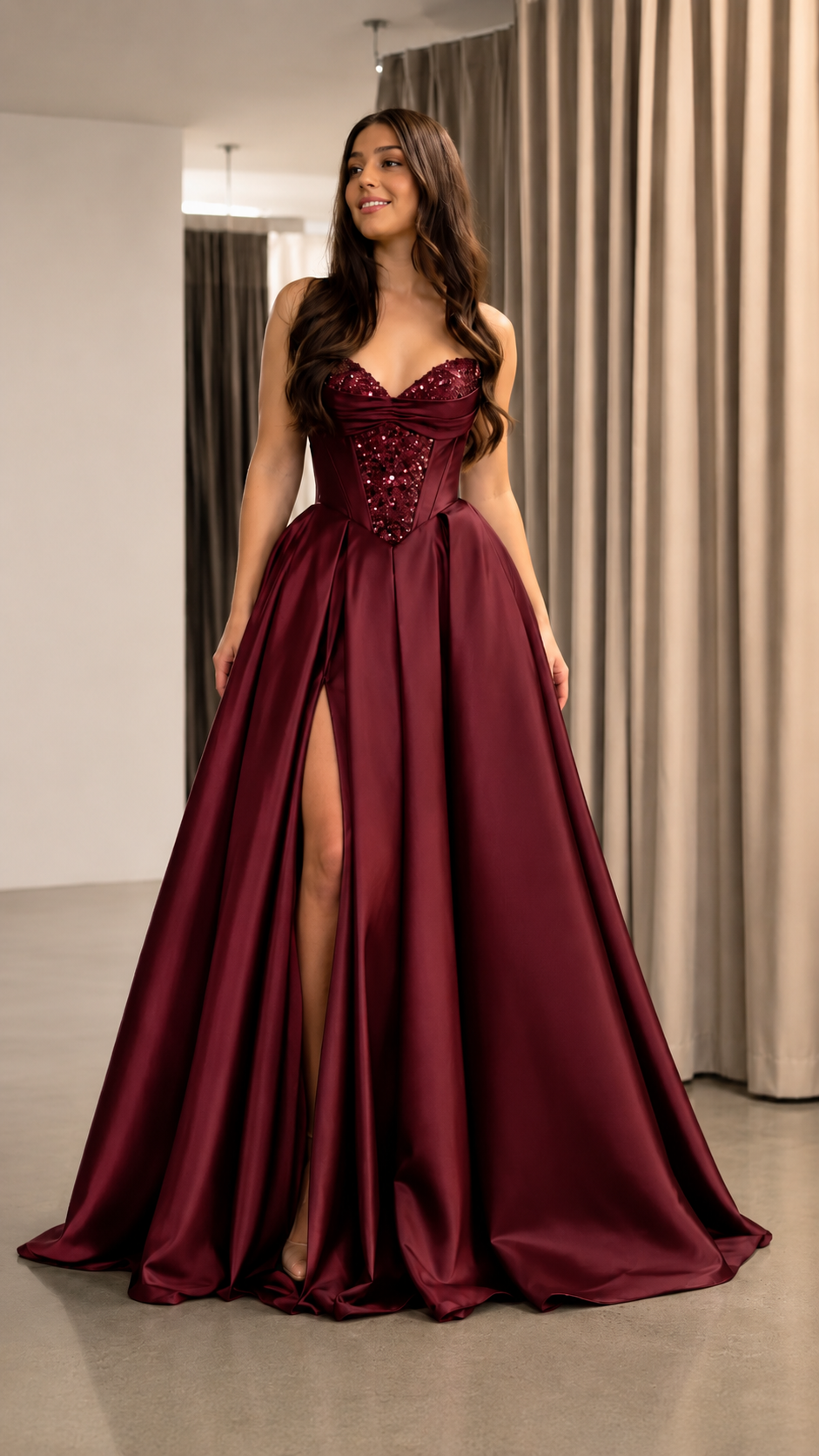 Burgundy strapless sweetheart ball gown with embellished corset bodice and high slit