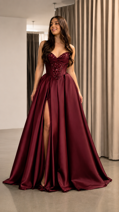 Burgundy strapless sweetheart ball gown with embellished corset bodice and high slit