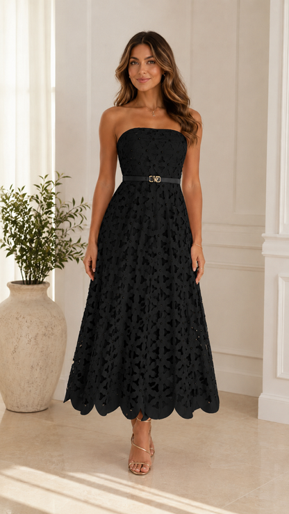 Front view of black strapless cutout lace midi dress