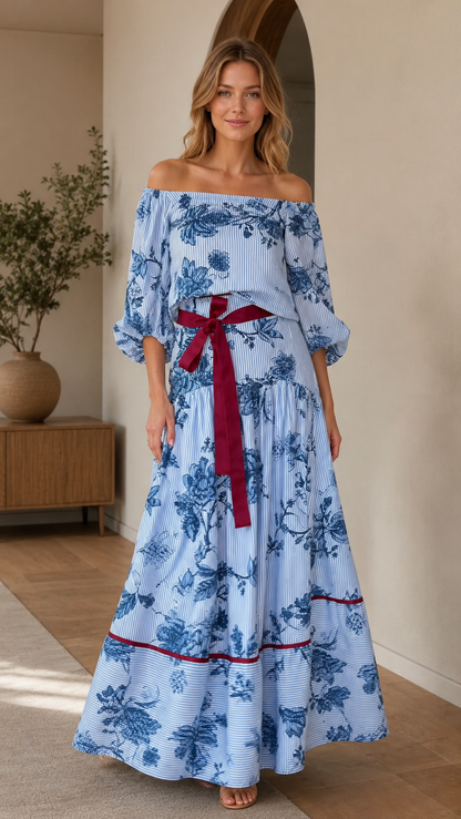 Sky blue floral off-shoulder maxi dress with full skirt front view