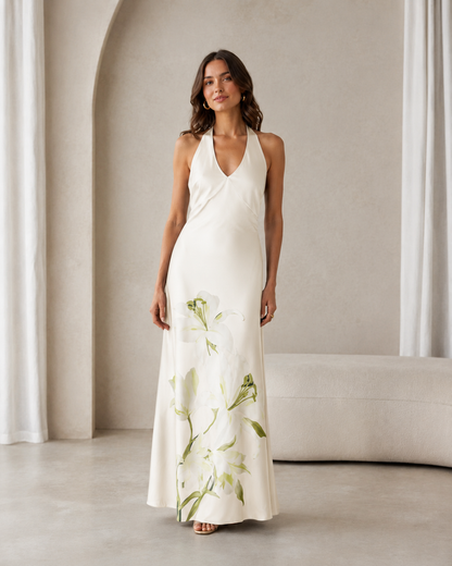 Ivory halter maxi dress with soft green floral print